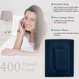 ROYALE LINENS 400 Thread Count 100% American Grown Cotton 4 Piece Sateen Queen Sheet Set - 1 Fitted Sheet, 1 Flat Sheet, 2 Pillow case - Navy Queen Bedsheet - Cotton Sheets - (Queen, Rivera Navy)