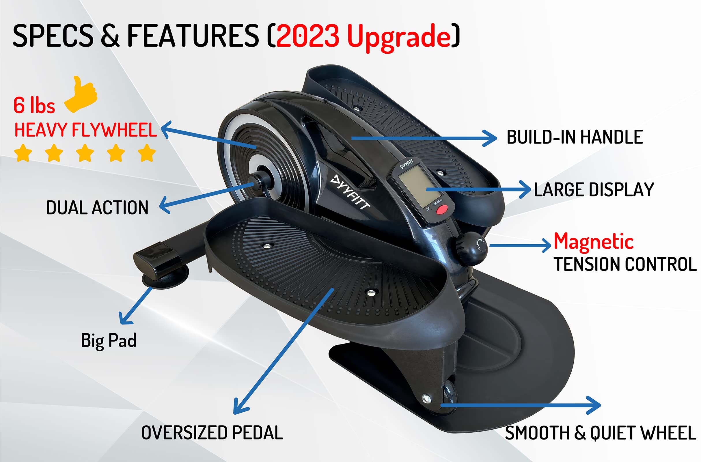 YYFITT Under Desk Elliptical Machine for Home Office, 2-in-1 Seated Standing Mini Elliptical with Silent Magnetic Resistance, Portable Eliptical with Big Display and Oversized Pedals