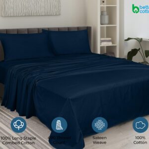 ROYALE LINENS 400 Thread Count 100% American Grown Cotton 4 Piece Sateen Queen Sheet Set - 1 Fitted Sheet, 1 Flat Sheet, 2 Pillow case - Navy Queen Bedsheet - Cotton Sheets - (Queen, Rivera Navy)