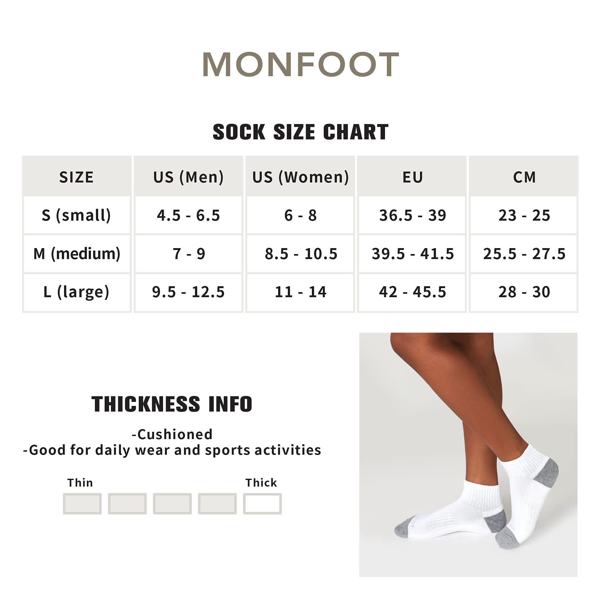 MONFOOT Women's and Men's 6 Pairs Daily Cushion Comfort Fit Performance Quarter Socks Large, multipack