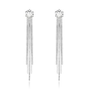 KristLand - S925 Silver/Alloy Hook Sleek Chain Tassel Drop Earrings Long Crystal Fringe Dangle Simple Dainty Earrings Tassel Earrings A Zircon Silver