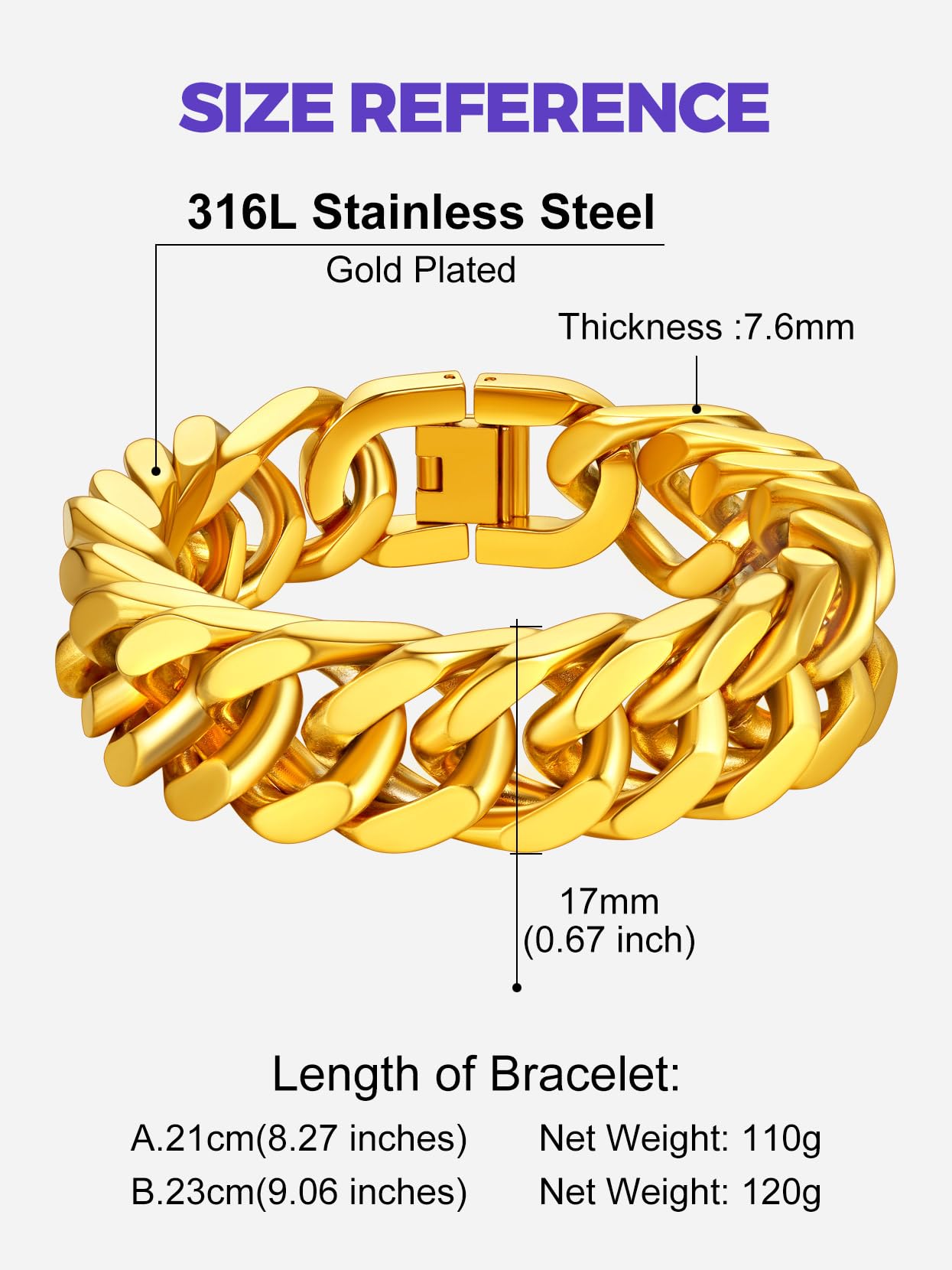 Richsteel Men and Women Sturdy Curb Cuban Link Chain Bracelet Gold Plated 316L Stainless Steel Jewelry