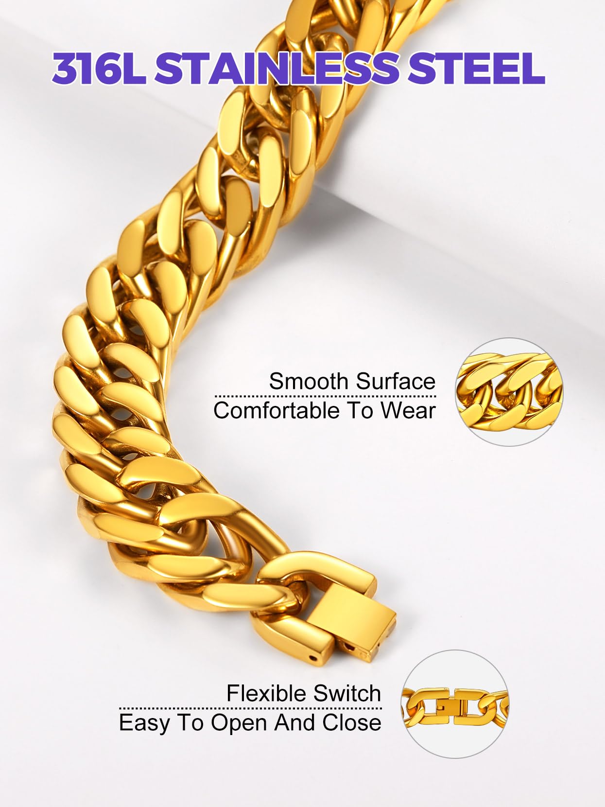 Richsteel Men and Women Sturdy Curb Cuban Link Chain Bracelet Gold Plated 316L Stainless Steel Jewelry