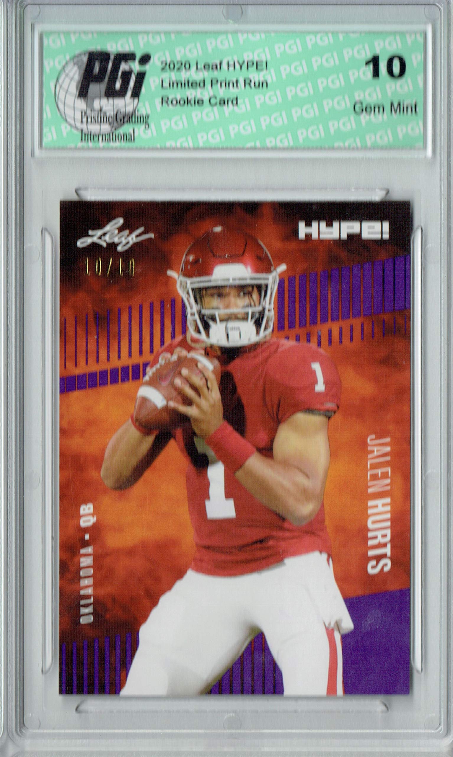 Jalen Hurts 2020 Leaf HYPE! #28 Purple SP, Just 10 Made Rookie Card PGI 10