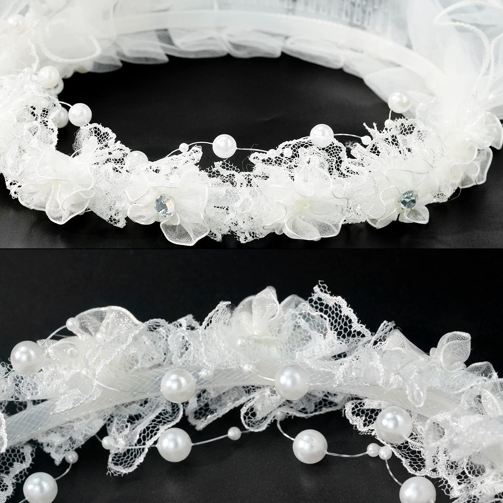 Lystaii Girls Bowknot Rhinestone Flower Veil Girls First Holy Communion Headband Hair Wreath Floral Crown Pearls Crystal Lace Headpiece Veil with Comb White for Wedding Party