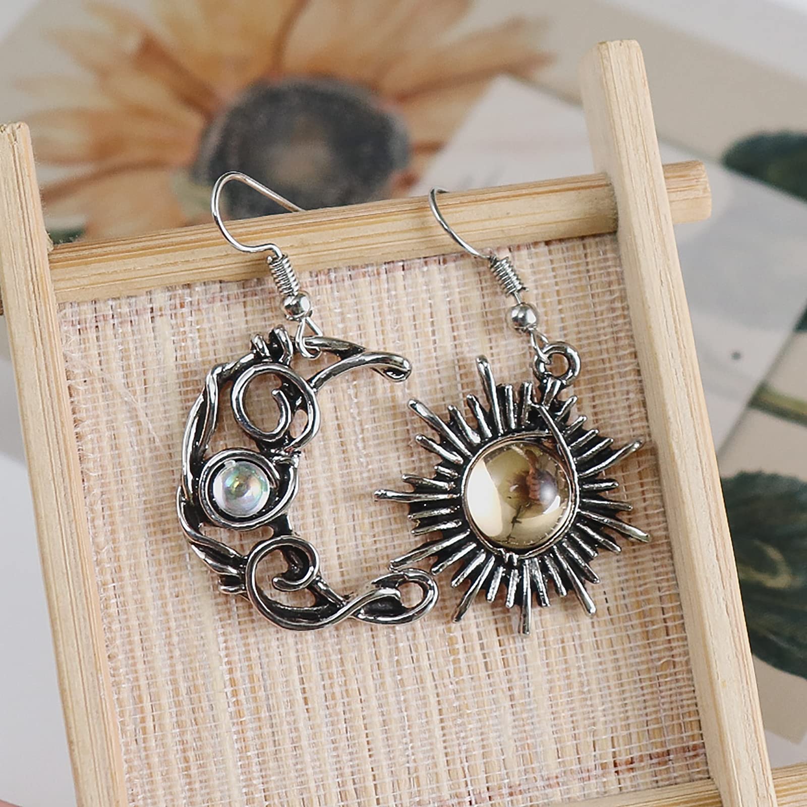 Retro Sun Moon Earrings & Necklace Moonstone Asymmetric Boho style Earrings for Women Jewelry-Earrings A