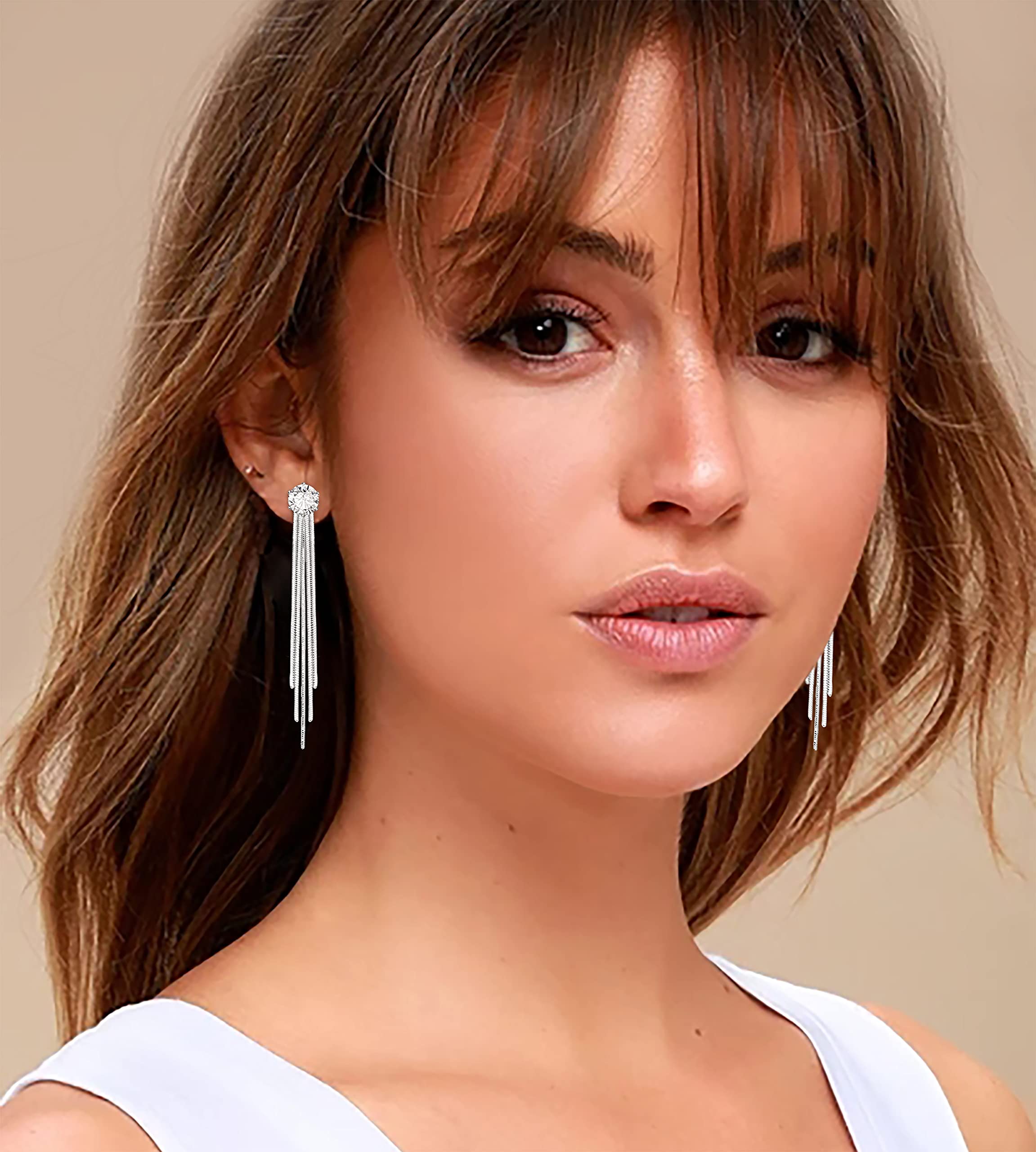 KristLand - S925 Silver/Alloy Hook Sleek Chain Tassel Drop Earrings Long Crystal Fringe Dangle Simple Dainty Earrings Tassel Earrings A Zircon Silver