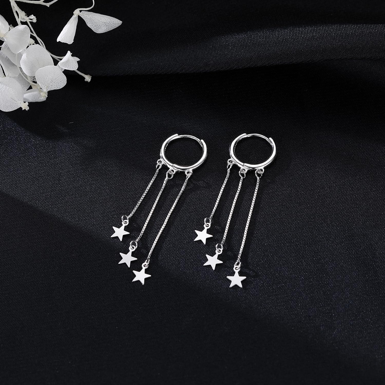 SLUYNZ 925 Sterling Silver Star Hoop Earrings for Women Star Dangle Earrings Hoop Tassel (A-Silver)