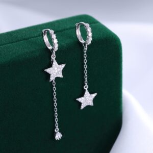 SLUYNZ 925 Sterling Silver CZ Star Dangle Hoop Earrings for Women Asymmetric Star Earrings Chain (A-Silver)