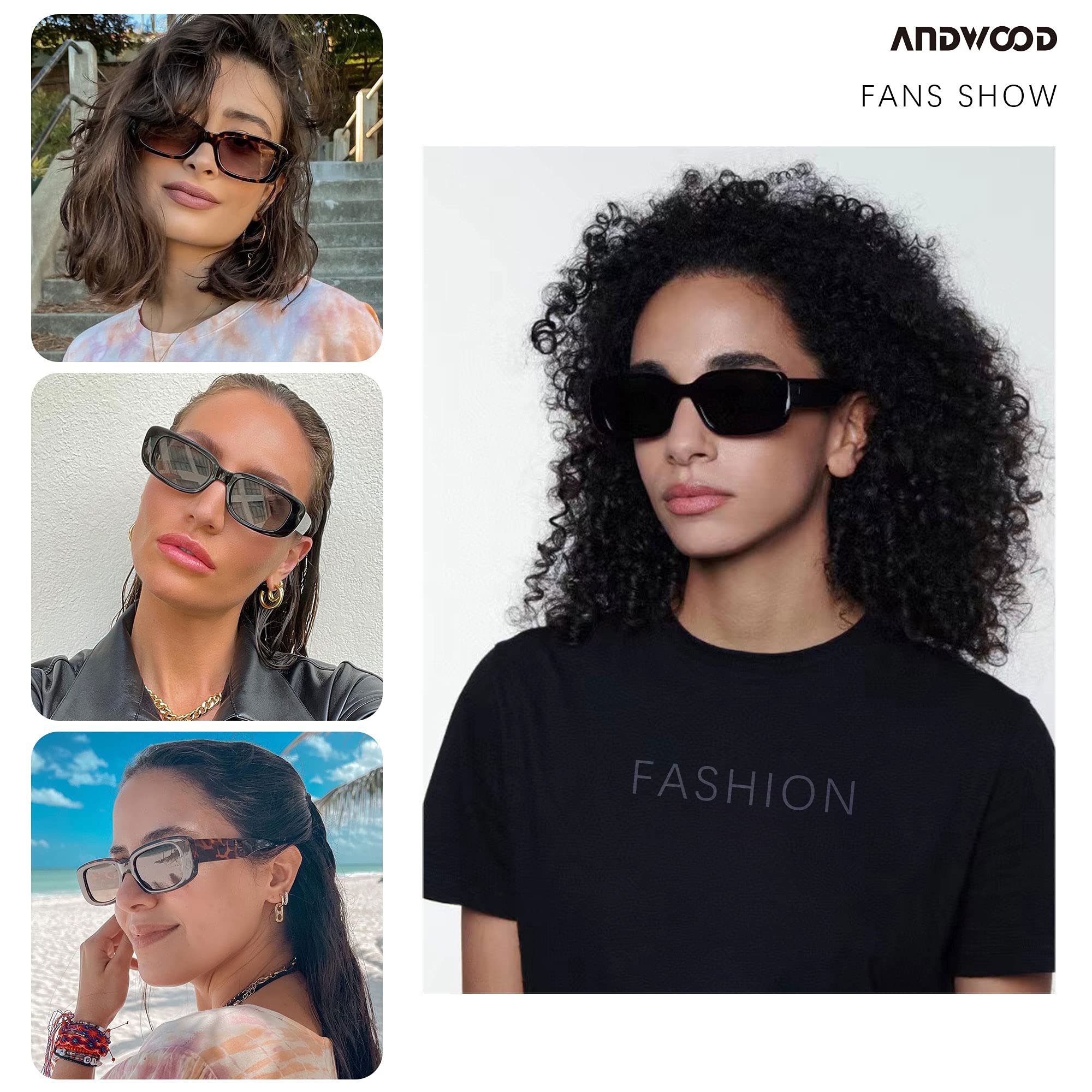 ANDWOOD Rectangle Sunglasses for Women Square Frames Trendy Retro Vintage 90s UV Protection Sun Glasses Small Face 2 Pack White Black