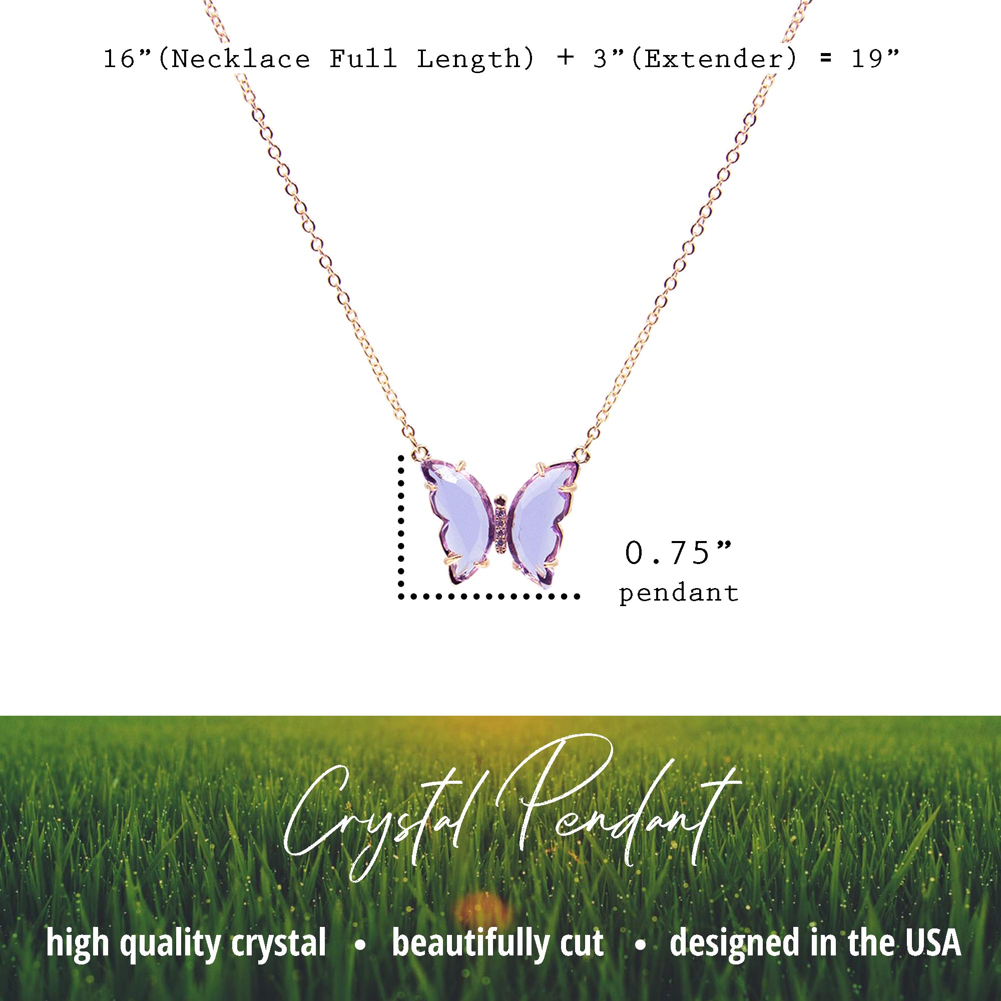 NTLX Butterfly Necklace – Bohemian Boho Butterfly Necklaces for Women – Beautiful Colors – Delicate Open Back Setting - Gift Box Included (Lt Amethyst Purple)