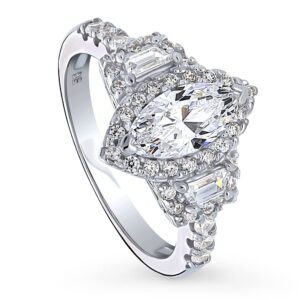 BERRICLE Sterling Silver 3-Stone Wedding Engagement Rings Marquise Cut Cubic Zirconia CZ Halo Ring for Women, Rhodium Plated Size 8