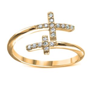 Savlano 18K Yellow Gold Plated Round Cut Cubic Zirconia Double Sideways Cross Band Ring Women Religious Ring (9)