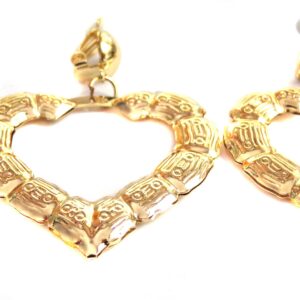 Clip-on Earrings Gold Tone Heart Bamboo Hoop Earrings 2 inch Retro Earrings