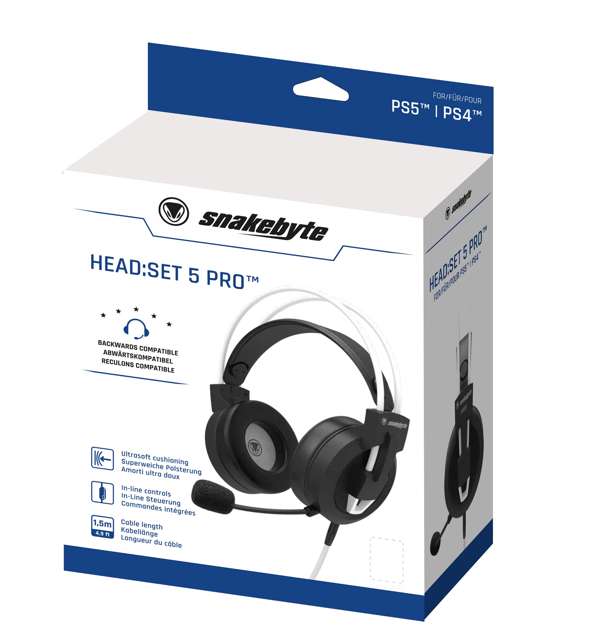 Snakebyte HeadSet 5 Pro Gaming Headset for PC, PS4, PS5 Controller with Removable Microphone, In-Line Volume Control, Adjustable Elastic Headband and 1.5m Cable, 3.5mm Jack - White Headband