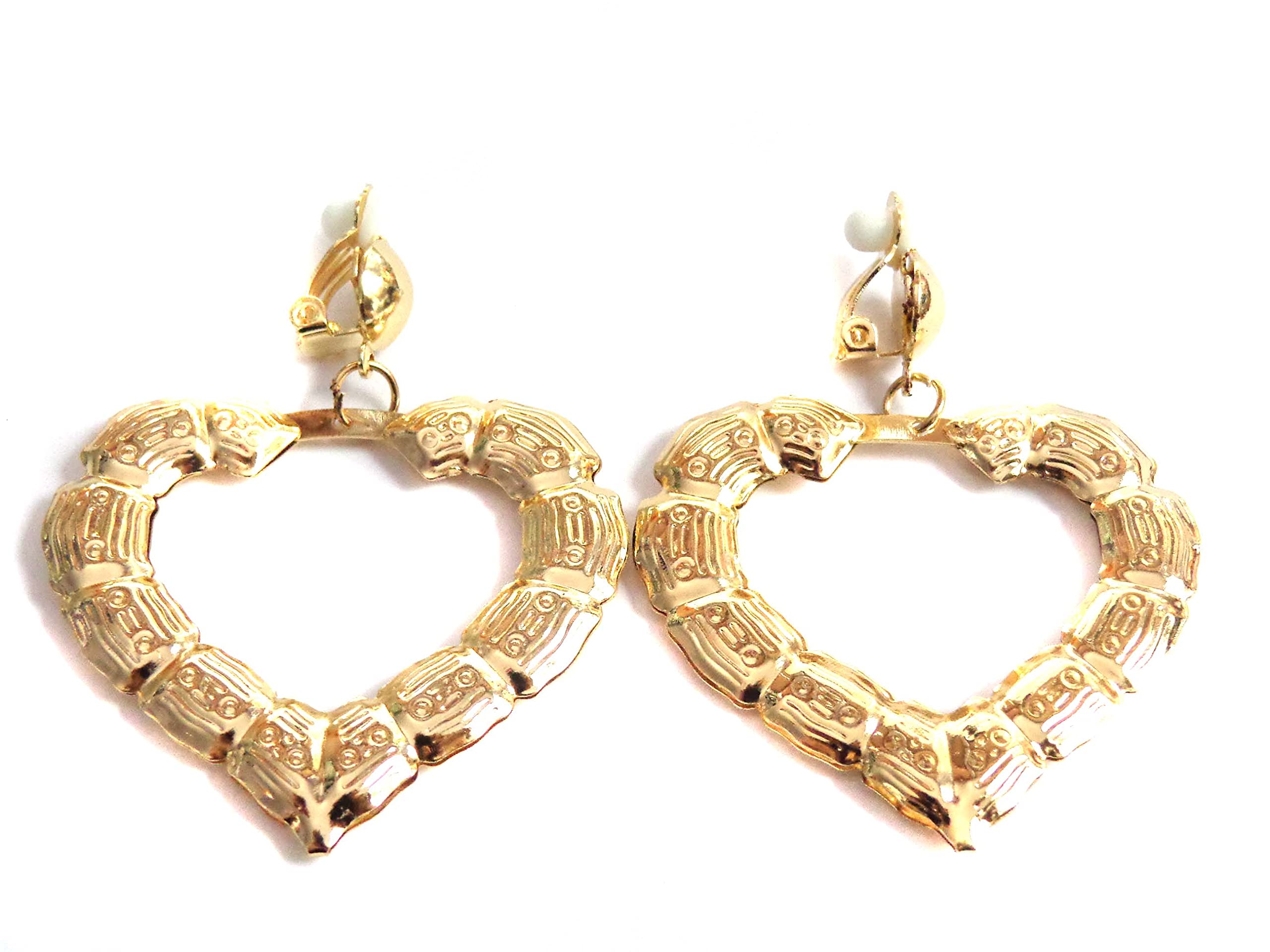 Clip-on Earrings Gold Tone Heart Bamboo Hoop Earrings 2 inch Retro Earrings