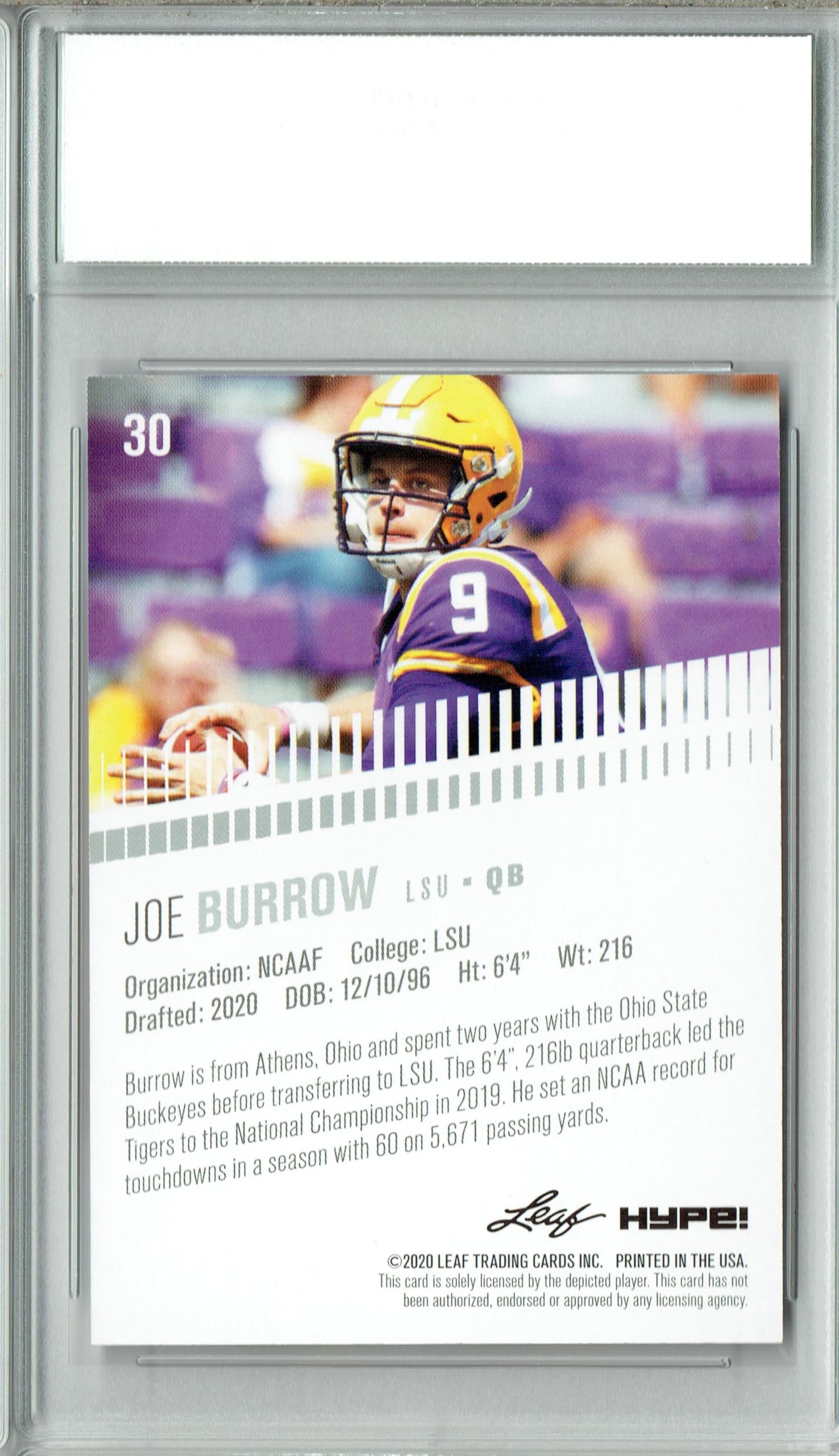 Joe Burrow 2020 Leaf HYPE! #30 Only 5000 Made Rookie Card PGI 10