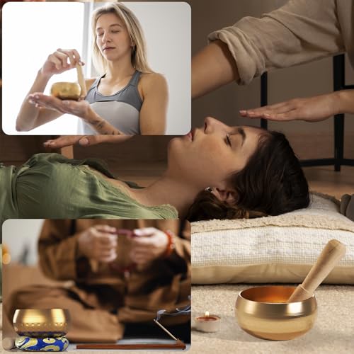 REGIS Tibetan Singing Bowl Set ， Mindfulness, and Stress Relief zen decor，Bowl Handcrafted in Nepal for Healing and Mindfulness (gold, 3 inch)