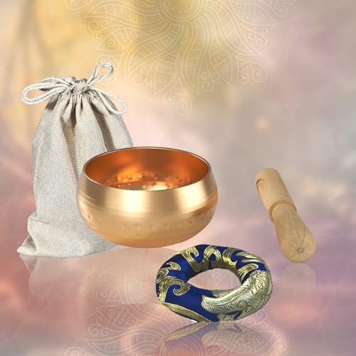 REGIS Tibetan Singing Bowl Set ， Mindfulness, and Stress Relief zen decor，Bowl Handcrafted in Nepal for Healing and Mindfulness (gold, 3 inch)