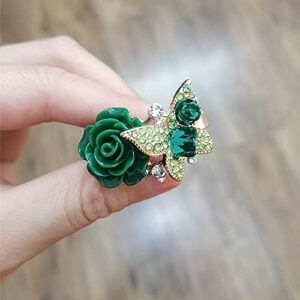 Dtja CZ Butterfly Flower Wedding Ring for Women Girls Statement Engagement Rectangle Rhinstone Aryclic Rose Adjustable Open Wrap Finger Rings Comfort Fit Cocktail Party Vintage Jewelry Gift (Green)