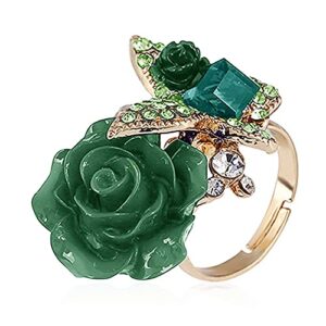 dtja cz butterfly flower wedding ring for women girls statement engagement rectangle rhinstone aryclic rose adjustable open wrap finger rings comfort fit cocktail party vintage jewelry gift (green)