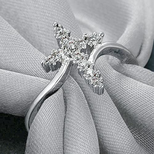 Savlano 18K White Gold Plated Round Cut Cubic Zirconia Accent Vertical Cross Bypass Band Ring Women Religious Ring (6)