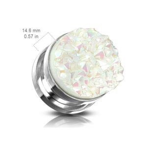 Pierced Owl Stainless Steel White Druzy Stone Screw Fit Plug Gauges, Sold As Pair (6mm (2GA))