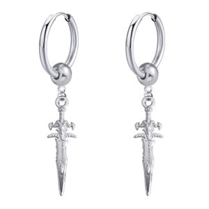 Sword Drop Dangle Small Hoop Earrings for Women Girls Men Stainless Steel Engrave Animal Cross Dagger Halloween Statement Charms Drop Dangling Hoops Cuff Cartilage Wrap Vintage Punk Pray Jewelry (Silvery)