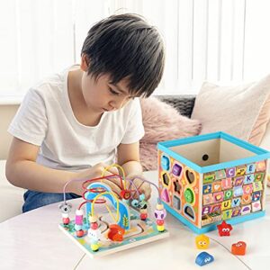 Qilay Wooden Activity Cube for Toddlers 1-3 (Large), 5 in 1 Multipurpose ABC-123 Abacus Bead Maze Shape Sorter | Early Educational Toy for Toddlers - First Birthday Present for Boys Girls