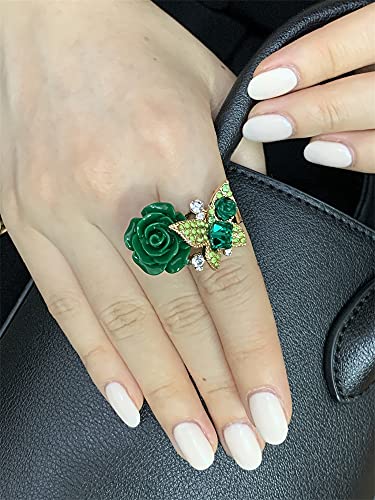 Dtja CZ Butterfly Flower Wedding Ring for Women Girls Statement Engagement Rectangle Rhinstone Aryclic Rose Adjustable Open Wrap Finger Rings Comfort Fit Cocktail Party Vintage Jewelry Gift (Green)