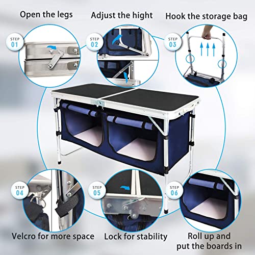 HYMnature Folding Camping Table with Storage Compartment Aluminum Lightweight Camp Kitchen Table Height Adjustable Indoor/Outdoor Table Perfect for Tailgating, Backyards, BBQ,Picnic, Black