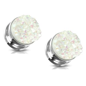 Pierced Owl Stainless Steel White Druzy Stone Screw Fit Plug Gauges, Sold As Pair (6mm (2GA))