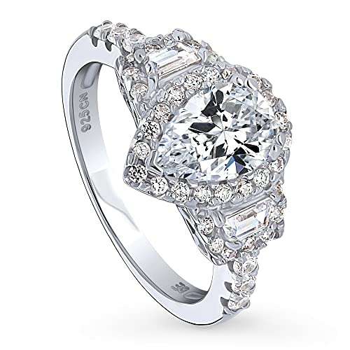 BERRICLE Sterling Silver 3-Stone Wedding Engagement Rings Pear Cut Cubic Zirconia CZ Halo Ring for Women, Rhodium Plated Size 9