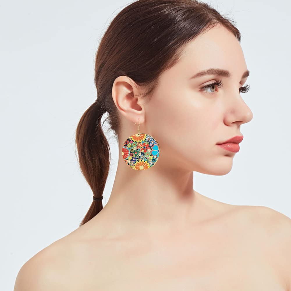 Gold Round Flower Disc Drop Dangle Earrings for Women Girls with Charms Boho Circle Ball Disk Blossom Spring Big Statement Dangling Hook Stud Earring Exaggerated Y2K Jewelry Gifts Christmas Festival Party