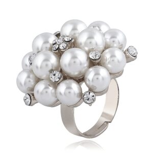 Dtja Big CZ Pearl Statement Wedding Ring for Women Girls Vintage CZ Crystal Faux Pearls Ball Flower Adjustable Open Band Wrap Birthday Cocktail Party Ring Comfort Fit Exaggerated Jewelry Gift