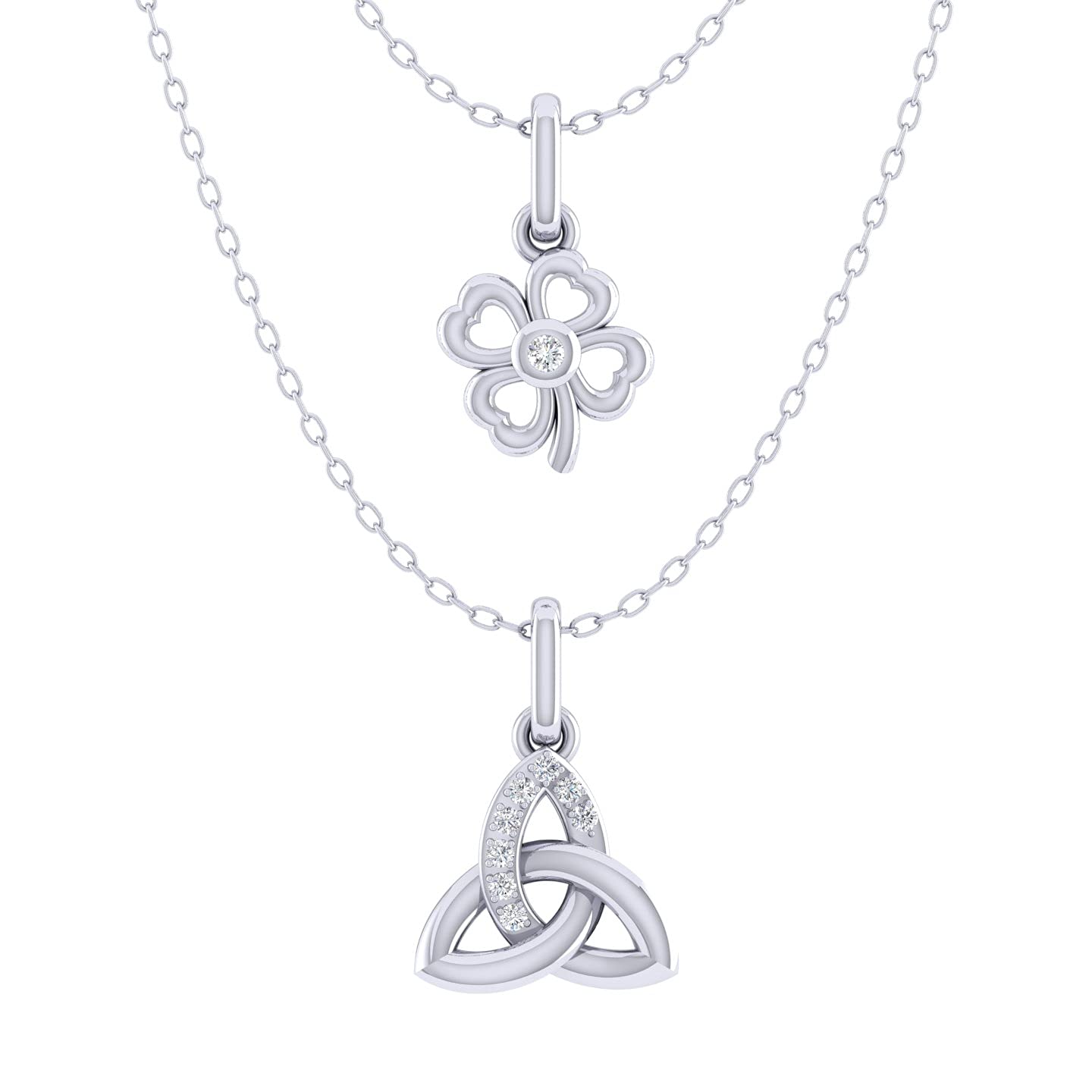 Dainty Four Leaf Clover and Celtic Trinity Knot Layered 1/20 Cttw Natural Diamond Pendant Necklace set in 925 Sterling Silver