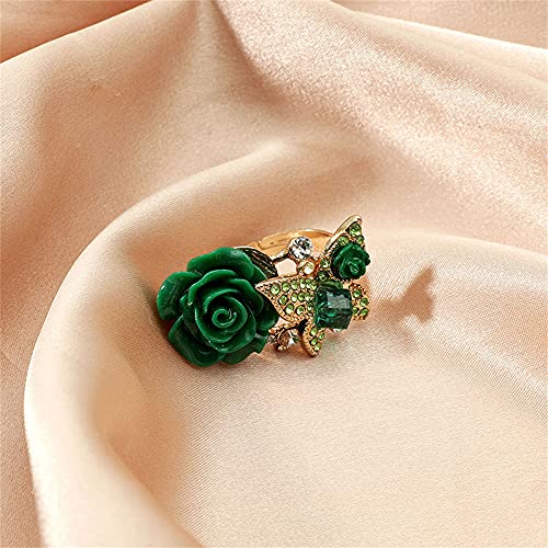 Dtja CZ Butterfly Flower Wedding Ring for Women Girls Statement Engagement Rectangle Rhinstone Aryclic Rose Adjustable Open Wrap Finger Rings Comfort Fit Cocktail Party Vintage Jewelry Gift (Green)