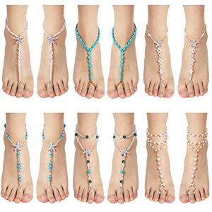 Hicarer 12 Pieces Feet Jewelry Barefoot Sandals Toe Rings Foot Chains Starfish Faux Pearls Elastic Beaded Turquoise Anklet Chains Jewelry with Rhinestone Ring for Women Wedding Beach Wearing