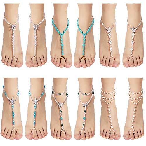 Hicarer 12 Pieces Feet Jewelry Barefoot Sandals Toe Rings Foot Chains Starfish Faux Pearls Elastic Beaded Turquoise Anklet Chains Jewelry with Rhinestone Ring for Women Wedding Beach Wearing