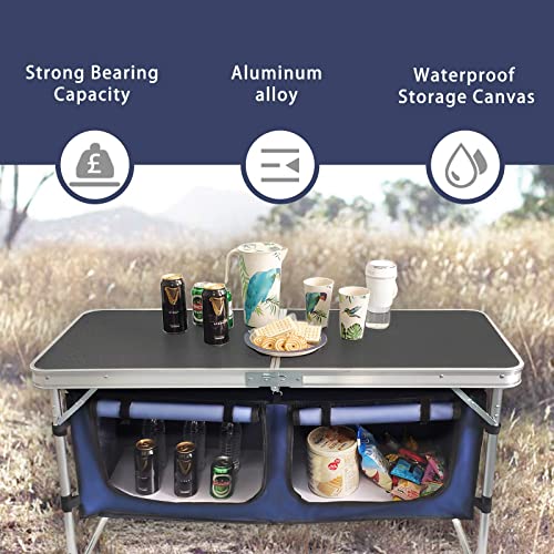 HYMnature Folding Camping Table with Storage Compartment Aluminum Lightweight Camp Kitchen Table Height Adjustable Indoor/Outdoor Table Perfect for Tailgating, Backyards, BBQ,Picnic, Black