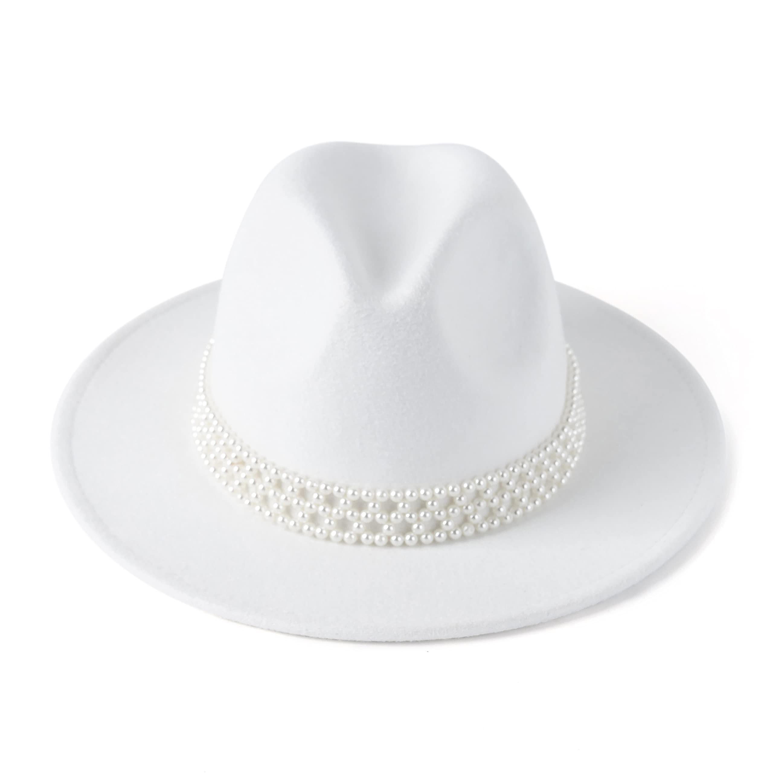 HUDANHUWEI Womens Wide Brim Fedora Hat with Pearl Band Lady Panama Hat A White