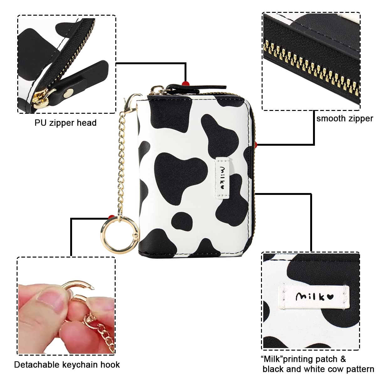 Sunwel Fashion Cute Cow Print Credit Card Holder- Accordian Zipper Card Case Wallet Cash Pockets Coin Purse with Keychain Hook for Women