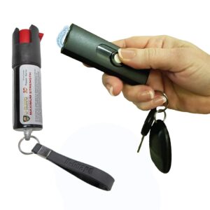 stun gun micro keychain pepper spray self defense kit. personal less lethal weapons bundle for women or men. high volt rechargeable keychain mini stun gun & key ring max strength pepper defense spray