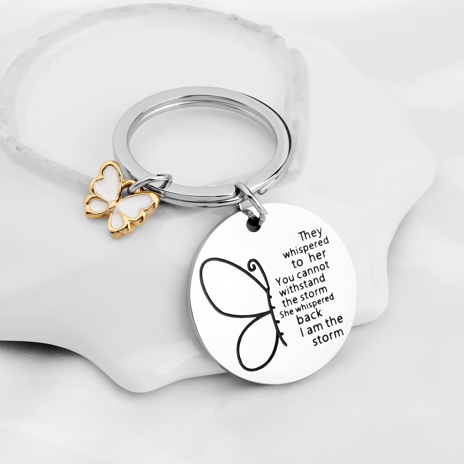 FUSTMW Butterfly Inspirational Gifts I Am The Storm Keychain Encouragement Gifts Butterfly Lover Gifts They Whispered to Her You Cannot Withstand The Storm (Silver)