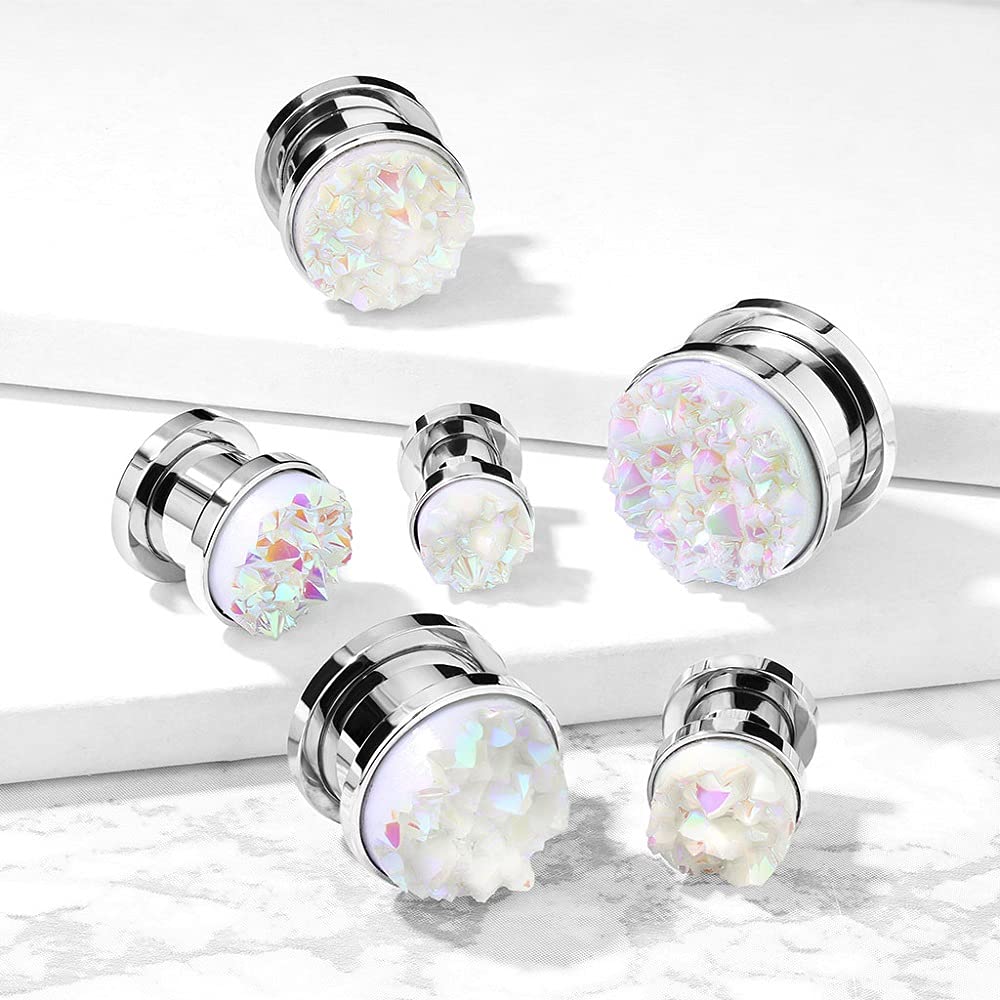 Pierced Owl Stainless Steel White Druzy Stone Screw Fit Plug Gauges, Sold As Pair (6mm (2GA))