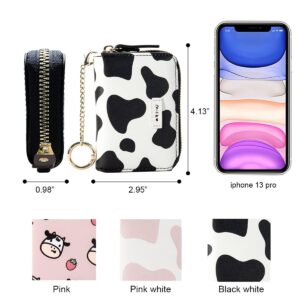 Sunwel Fashion Cute Cow Print Credit Card Holder- Accordian Zipper Card Case Wallet Cash Pockets Coin Purse with Keychain Hook for Women