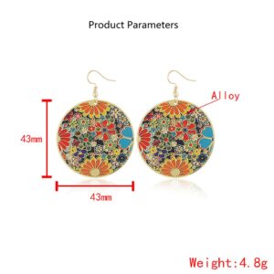 Gold Round Flower Disc Drop Dangle Earrings for Women Girls with Charms Boho Circle Ball Disk Blossom Spring Big Statement Dangling Hook Stud Earring Exaggerated Y2K Jewelry Gifts Christmas Festival Party