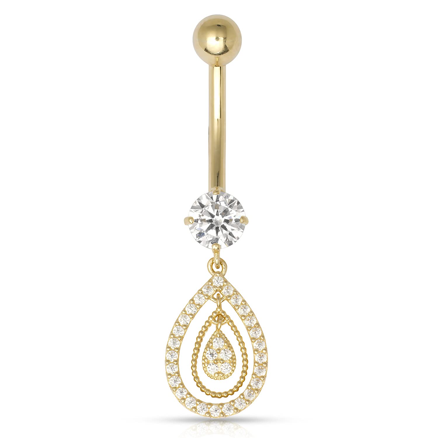 JewelryWeb Solid 10k Yellow Gold 14G Tear-drop Dangling Simulated Diamond CZ Belly Ring (10mm x 35mm)