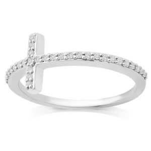 Savlano 18K White Gold Plated Round Cut Cubic Zirconia Sideways Cross Band Ring Women Religious Ring (9)