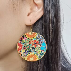 Gold Round Flower Disc Drop Dangle Earrings for Women Girls with Charms Boho Circle Ball Disk Blossom Spring Big Statement Dangling Hook Stud Earring Exaggerated Y2K Jewelry Gifts Christmas Festival Party